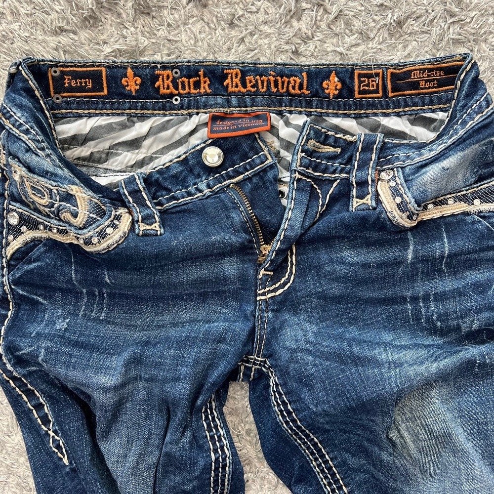 Rock Revival Ferry Bootcut Jeans Womens 26 Blue Mid Rise Embroidered Logo Casual - Picture 3 of 13